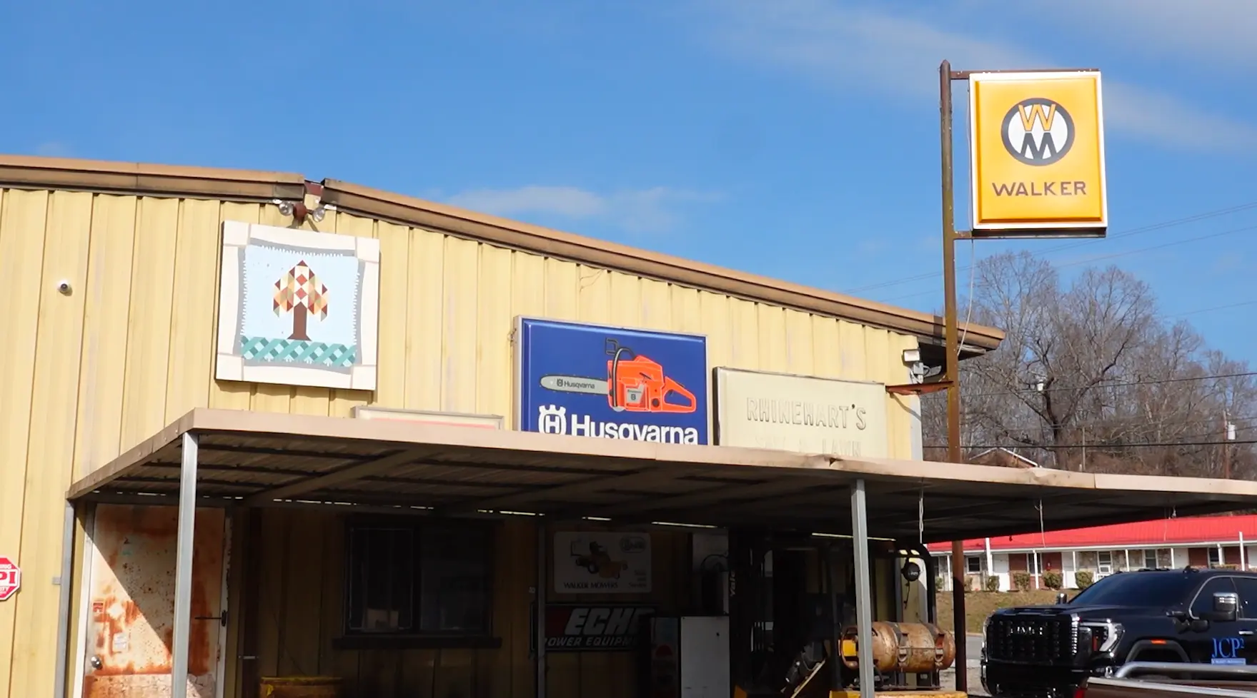 Side view of Rhinehart's building